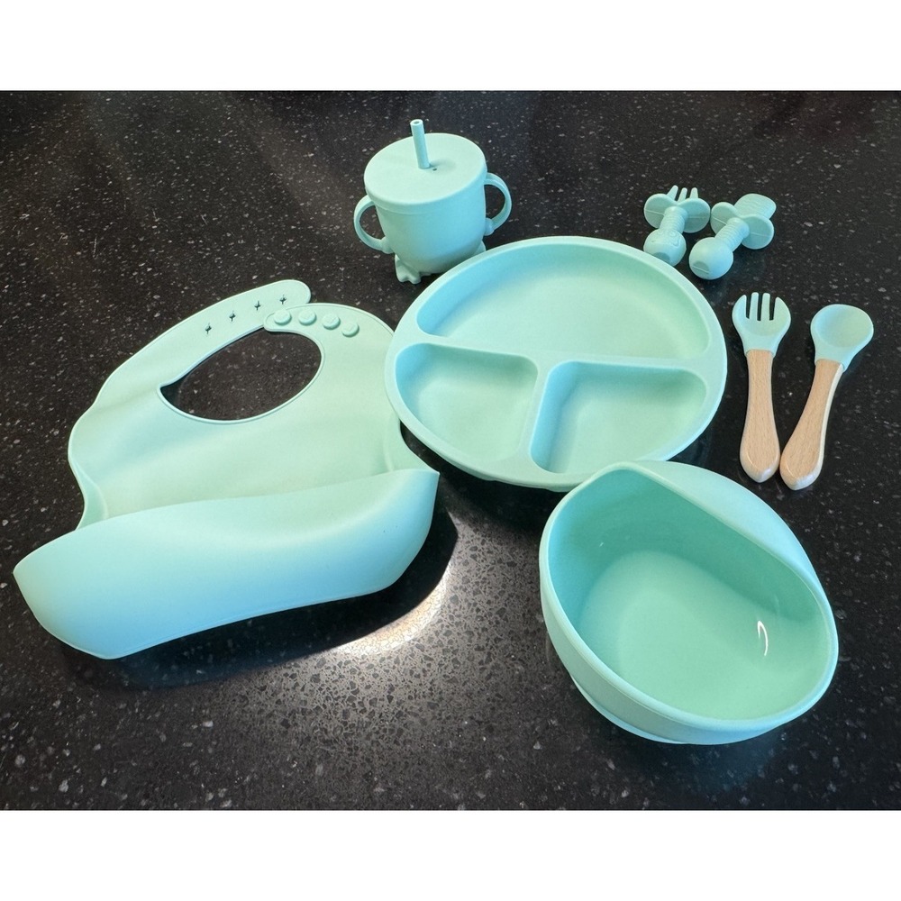 8-Piece Silicone Baby Feeding Set Mint Green Suction Plate Bowl Bib Cup Spoon